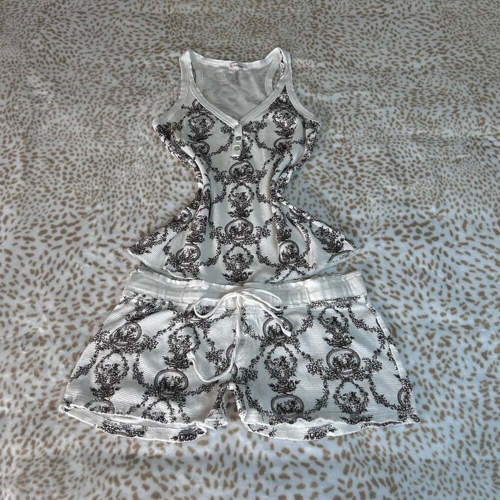 P.J. Salvage Pyjama Set Waffle Knit Floral Toile Size XL White Brown